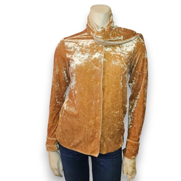 STAUD Golden Yellow Velvet Oversized Bow Button Down Blouse - Picture 3 of 12